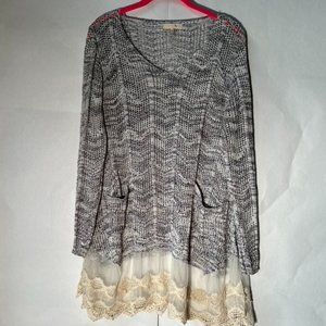Gray Knit Tunic Sweater with Cream Lace Hem